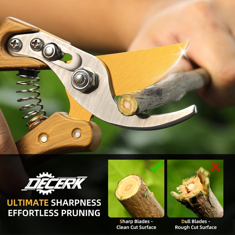 Decerk 8.5" Professional Bypass Pruning Shears – Heavy Duty Garden Scissors & Clippers for Wood & Tree Trimming, Ultra Sharp SK5 Blade, Ergonomic Handle, Perfect Gardening Gift, 2025 Wood-Like Finish - Image 2